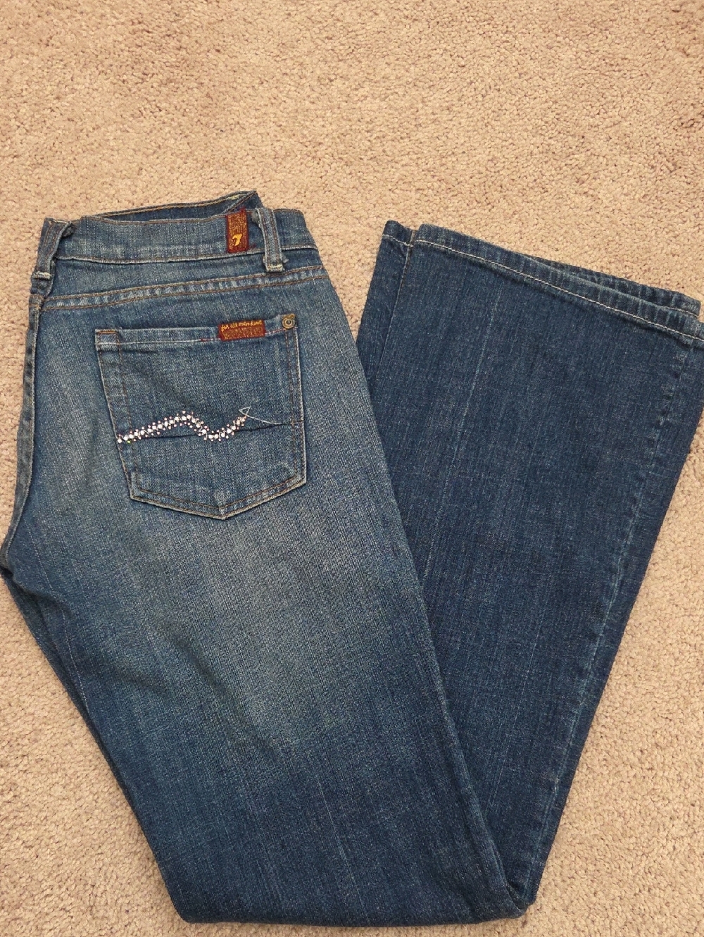 7 For All Mankind Dark Bootcut Jeans with Rhinestone Pocket Detail